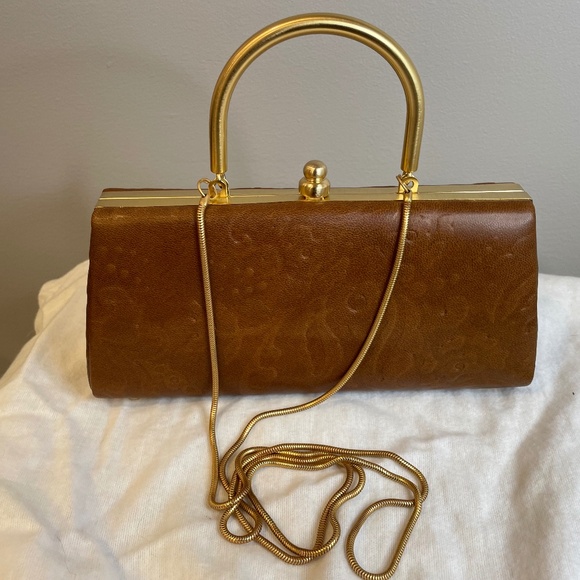 Vintage, Signed Moo Roo Brown Leather Embossed Purse with Chain - Picture 1 of 4